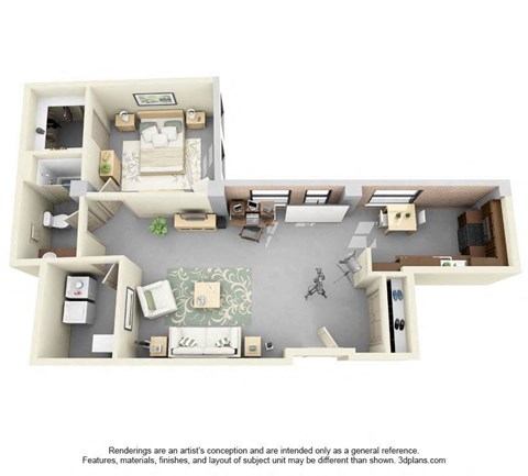 Floor plan for 1 bed, 1 bath, 949 sqft